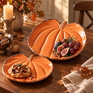 Peut inclure: Deux assiettes en céramique orange en forme de citrouille avec des bords brun foncé effet vieilli. La plus grande assiette contient des figues fraîches, des raisins et des noix, tandis que la plus petite présente une pâtisserie aux figues.