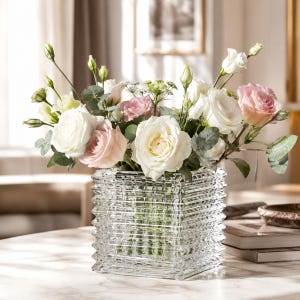 May include: A square, clear glass vase with a textured, ribbed exterior surface. The vase is filled with a floral arrangement consisting of white and light pink roses, green buds, and eucalyptus leaves with visible stems inside the glass.