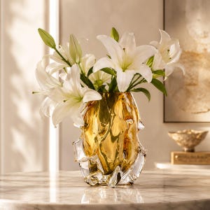 May include: A decorative amber-colored glass vase with an irregular, organic, and textured surface. The vase is filled with a bouquet of white lily flowers with green stems and unopened buds, showcasing a clear glass base and rim.
