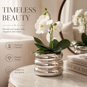 Può includere: Un'orchidea bianca con foglie verdi in un vaso di ceramica argentato a tre livelli. Il testo sull'immagine recita: TIMELESS BEAUTY, Elevate your space with elegance and charm, Premium Ceramic, Elegant Design, Perfect for Any Space.