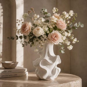 May include: A white ceramic vase with a wavy, ruffled texture holds a large bouquet of pale pink garden roses, white filler flowers, and green eucalyptus sprigs. The vase sits next to two stacked books titled Stone at 100 and Arranging Things.