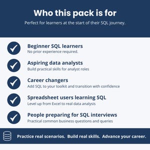May include: A navy blue graphic with white text that reads "Who this pack is for". The graphic lists SQL learners, data analysts, career changers, spreadsheet users, and interviewees. The bottom of the graphic says "Practice real scenarios. Build real skills. Advance your career."