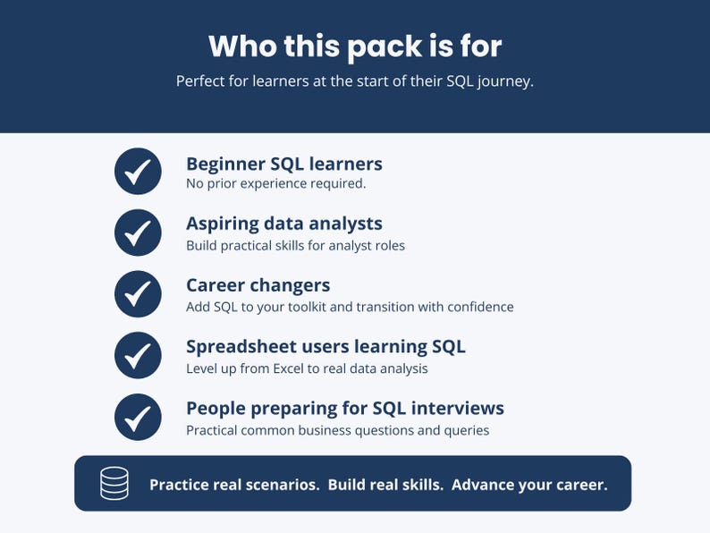 May include: A navy blue graphic with white text that reads "Who this pack is for". The graphic lists SQL learners, data analysts, career changers, spreadsheet users, and interviewees. The bottom of the graphic says "Practice real scenarios. Build real skills. Advance your career."