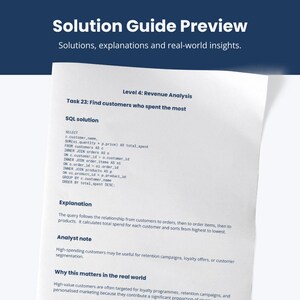 May include: A white sheet of paper with text titled "Solution Guide Preview" and "Level 4: Revenue Analysis." The text includes a SQL solution, explanation, and analyst notes. The paper is slightly crumpled.