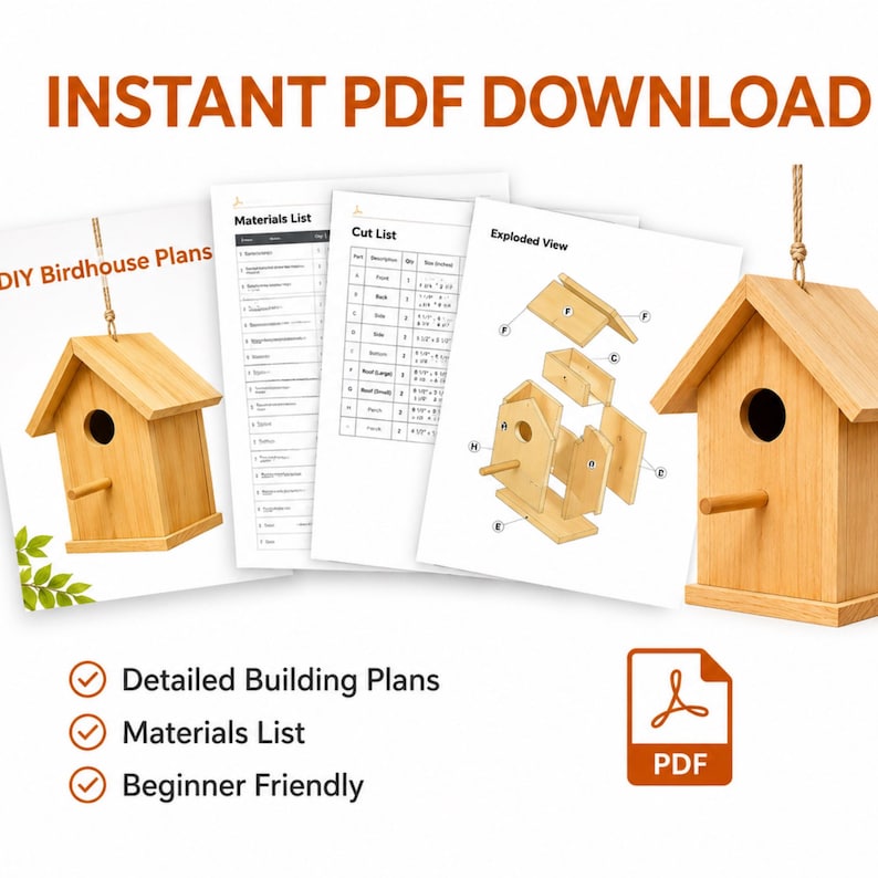 May include: A wooden birdhouse with a round entry hole and a perch, displayed with detailed building plans, a materials list, and an exploded view diagram. The text "INSTANT PDF DOWNLOAD" and "PDF" are visible.