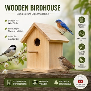 May include: A wooden birdhouse with a round entry hole and a small perch. The birdhouse is light brown and has a pitched roof. A bluebird, a chickadee, and a wren are perched on or near the birdhouse. Text on the image says "Wooden Birdhouse".