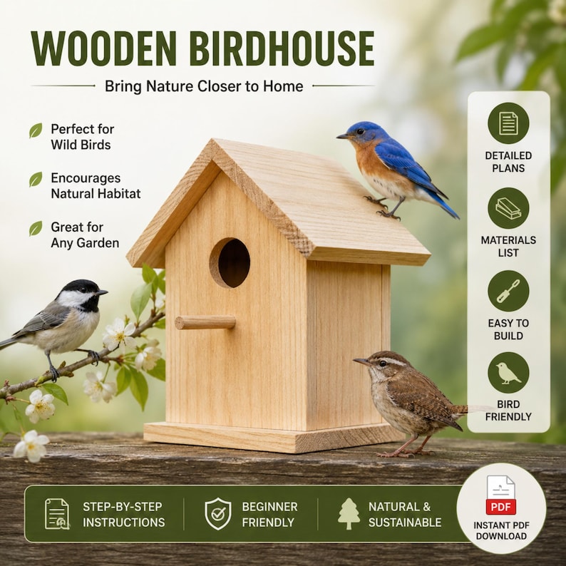 May include: A wooden birdhouse with a round entry hole and a small perch. The birdhouse is light brown and has a pitched roof. A bluebird, a chickadee, and a wren are perched on or near the birdhouse. Text on the image says "Wooden Birdhouse".