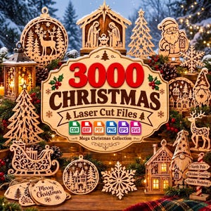 以下が含まれることがあります： 3000 CHRISTMAS Laser Cut Filesと書かれた中央の看板を囲む、レーザーカットされた木製のクリスマスオーナメントと装飾品のコレクション。トナカイ、サンタクロース、雪の結晶、キリスト降誕のシーン、そり、家などが含まれています。
