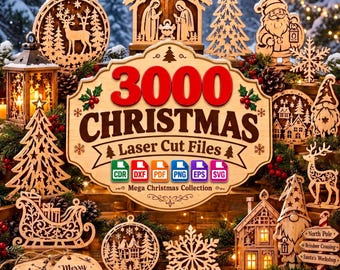 Könnte beinhalten: Eine Sammlung von lasergeschnittenen Holz-Weihnachtsdekorationen mit einem zentralen Schild, das 3000 CHRISTMAS Laser Cut Files liest. Das Set enthält Rentiere, den Weihnachtsmann, Schneeflocken, eine Krippe, einen Schlitten und Häuser.