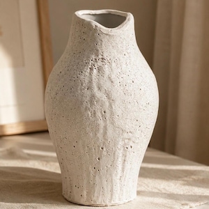 Pode incluir: Um vaso de cerâmica branco sujo com uma superfície texturizada e uma forma orgânica única. O vaso tem um corpo largo que se estreita em direção a um pescoço estreito e uma borda ligeiramente irregular. A superfície é salpicada, dando-lhe uma aparência rústica. Decoração de casa.