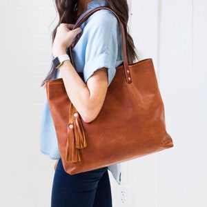 Tan Leather Tote Bag for Women with Optional Front Pocket & Zipper - Great Gift for Her - Student Bag - Tote for women - Lifetime Leather