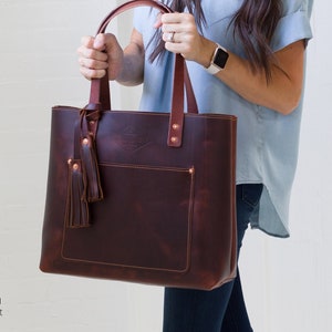 Genuine Leather Tote Bag for Women, Valentine Gift, Mother's Day Gift Ideas, Leather Bag Purse Handbag Monogram Tote with Zipper Lifetime Oxford Brown