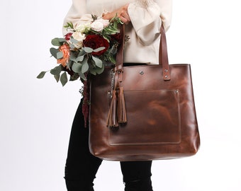 Brown Leather Large Tote - bridesmaid tote personalized tote cute tote bag tote bag bridesmaid tote bag custom tote bag bride tote bag gifts