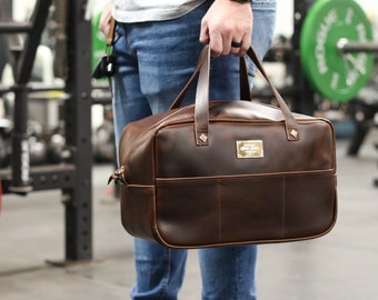 Luxury Gym Bag Men, Leather Crash Bag, Overnight Bag, Carry On