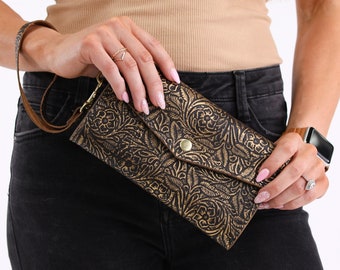 Womens Leather Wallet, Floral, Gold, Leather Clutch Wallet For Women, Wristlet Pocketbook Wallet, Monogram Gifts for Her