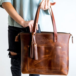LIFETIME Brown Leather Tote - Work Tote Bag, Genuine Leather Tote Bag, Zip Top Leather Tote, XL Leather Tote Bag, Student Bag,Christmas Gift