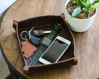 Leather Valet Tray, Father's Day Gift, Double Layered Full Grain Leather, Groomsmen Gift for Men, Catch All Desk Organizer Storage Tray
