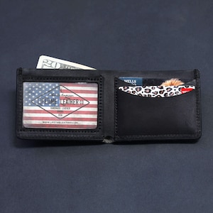Cartera plegable de cuero personalizada para hombre, porta identificación, regalo para el Día del Padre, hecha en EE. UU., cuero genuino de plena flor de Lifetime Leather.