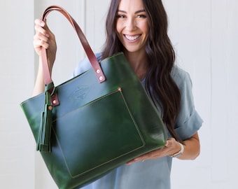 dark green leather handbag