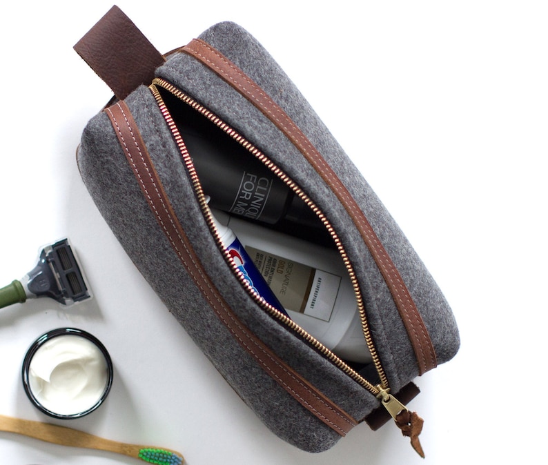 Felt & Leather Dopp Kit Bag, Personalized Leather Toiletry Bag, Groomsmen Gift, Gift for Him, Mens Toiletry Bag Monogram, Fathers Day Gift image 1