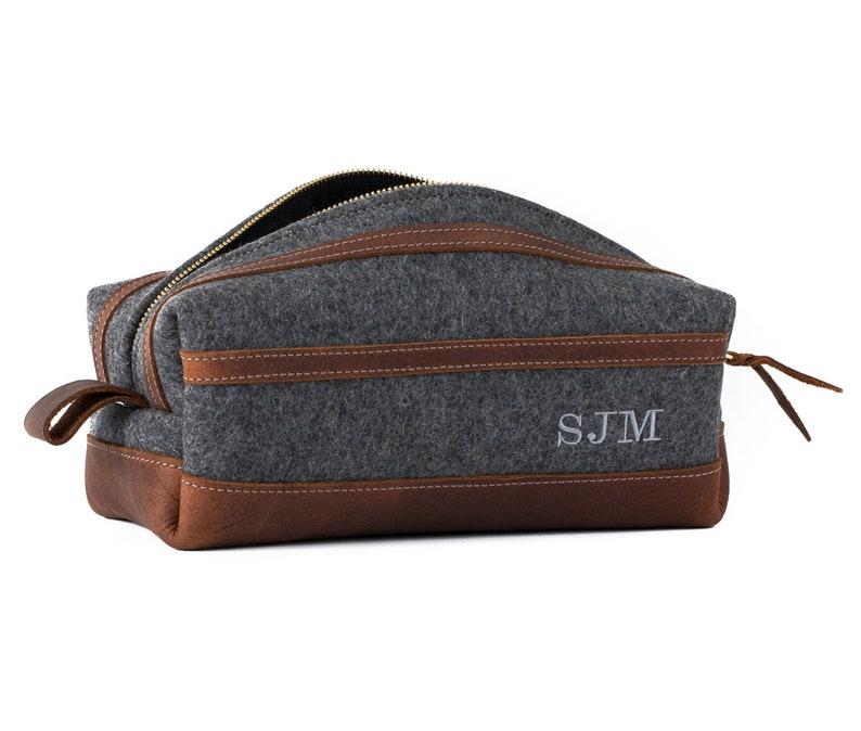 Felt & Leather Dopp Kit Bag, Personalized Leather Toiletry Bag, Groomsmen Gift, Gift for Him, Mens Toiletry Bag Monogram, Fathers Day Gift image 6