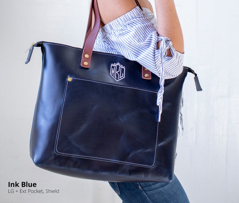 Monogrammed Leather Tote Bag for Women Valentine Gift Large Monogram Tote Personalized Tote Leather Bag Personalized Bag Lifetime Leather Ink Blue