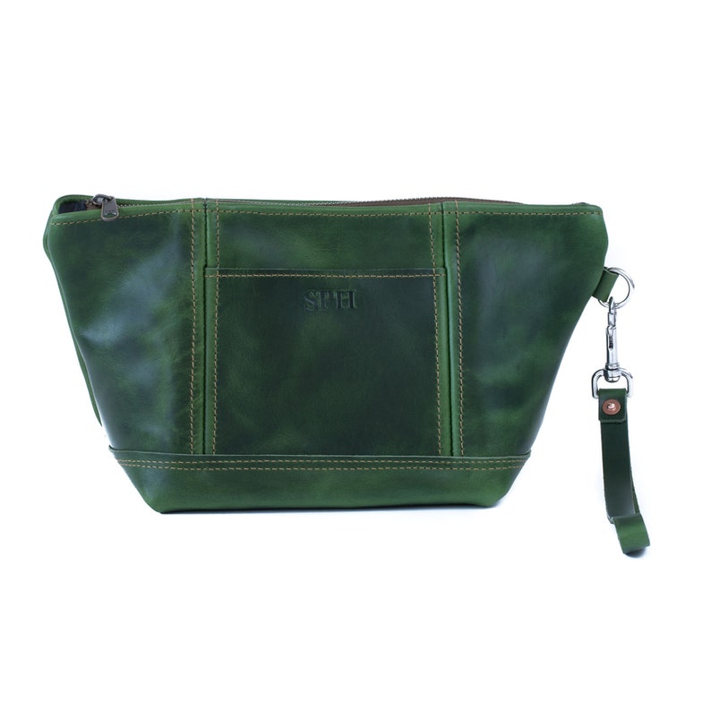 Makeup Bag Custom Leather Bag with Monogram Womens Bridesmaid Gift Personalized Mothers Gift Ideas Lifetime Leather Emerald Green