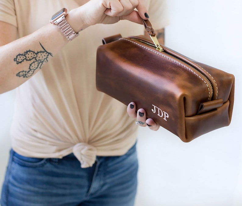 Personalized Leather Dopp Kit Bag, Christmas Gift, Toiletry Bag Monogram, Mens Toiletry Bag, Leather Travel Gift for Him Lifetime Leather image 5