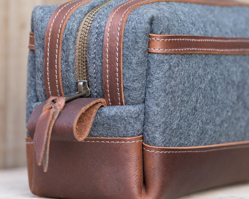 Felt & Leather Dopp Kit Bag, Personalized Leather Toiletry Bag, Groomsmen Gift, Gift for Him, Mens Toiletry Bag Monogram, Fathers Day Gift image 3