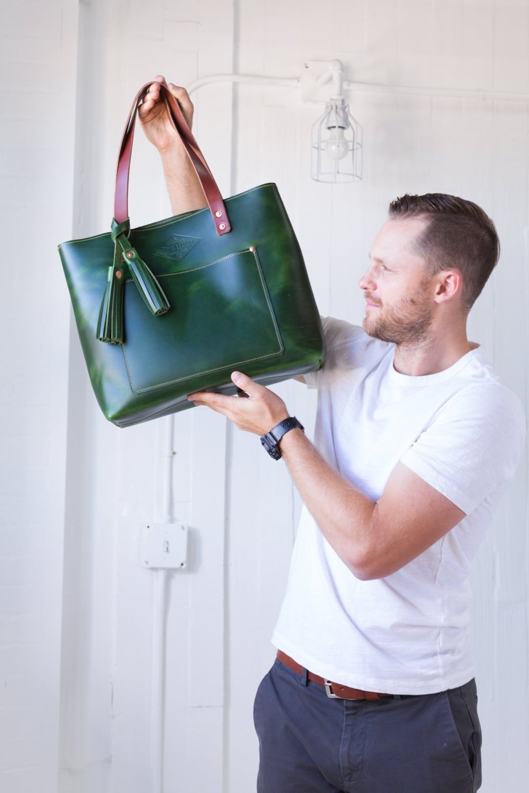 Green Leather Tote Bag for Women - Gift for Her - Valentines