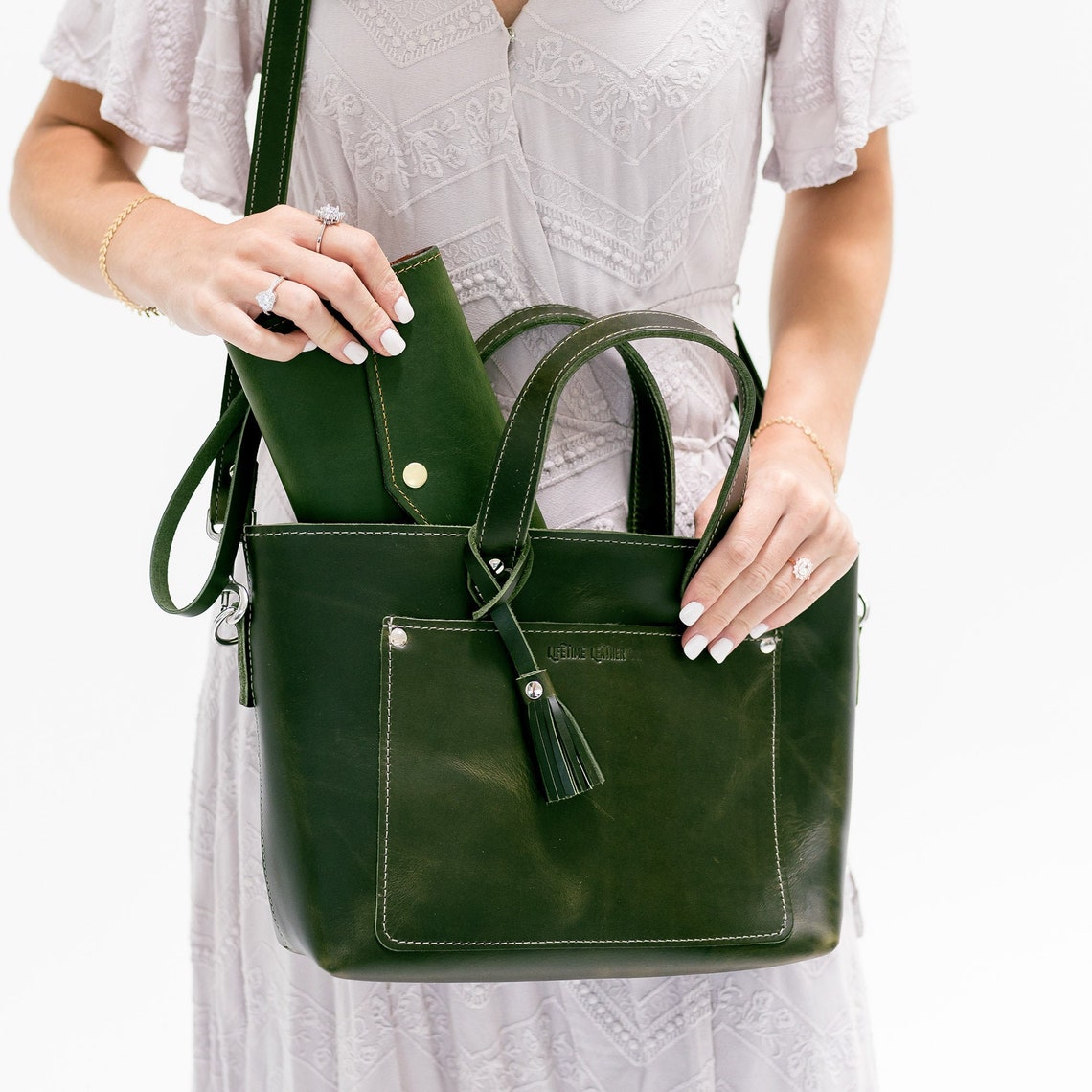 Green Leather Crossbody Tote Bag Personalized Tote Bag Etsy
