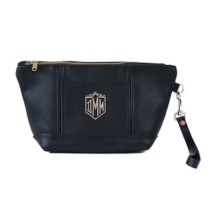 Makeup Bag Custom Leather Bag with Monogram Womens Bridesmaid Gift Personalized Mothers Gift Ideas Lifetime Leather Oxford Black