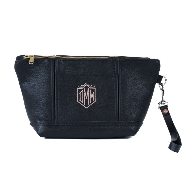 Makeup Bag Custom Leather Bag with Monogram Womens Bridesmaid Gift Personalized Mothers Gift Ideas Lifetime Leather Oxford Black