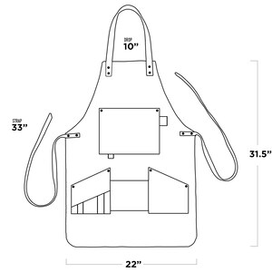 May include: A black and white line drawing of an apron. The apron is 22 inches wide and 31.5 inches long, with a 10-inch drop and 33-inch straps. It features a large front pocket and two smaller angled pockets.