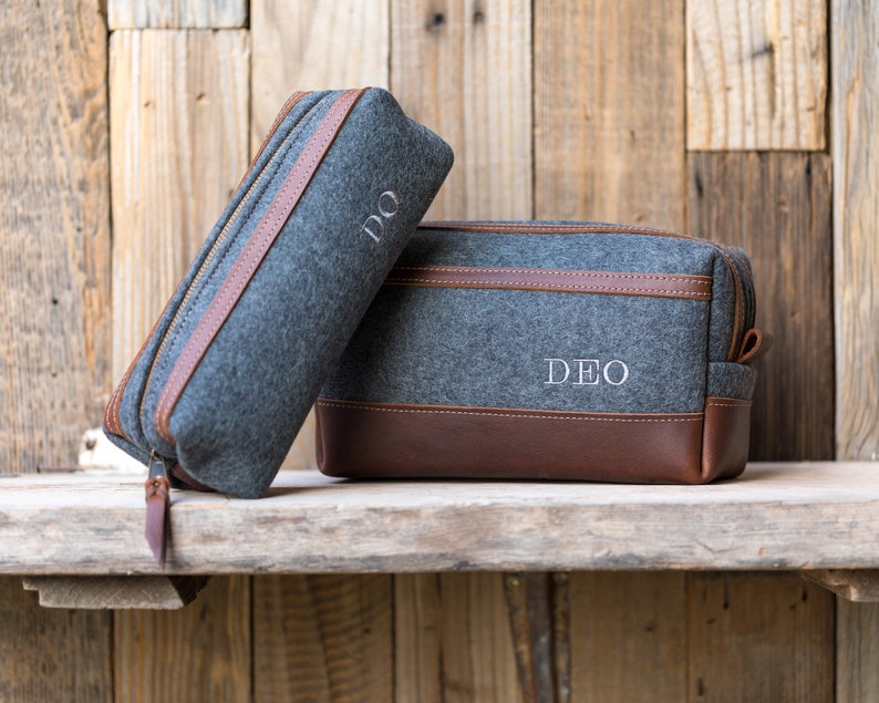 Felt & Leather Dopp Kit Bag, Personalized Leather Toiletry Bag, Groomsmen Gift, Gift for Him, Mens Toiletry Bag Monogram, Fathers Day Gift image 4