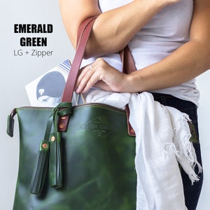 Tan Leather Tote Bag For Women Gift for Her Mothers Day Gift Christmas Gift Birthday Gift Bridesmaid Gift Leather Purse Lifetime Leather Emerald Green