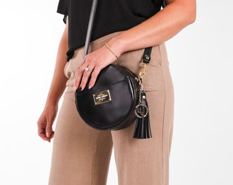 Handgemaakte leren crossbodytas, echte leren tas, ronde tas, ronde leren tas, cadeau voor haar, cadeau voor moeder