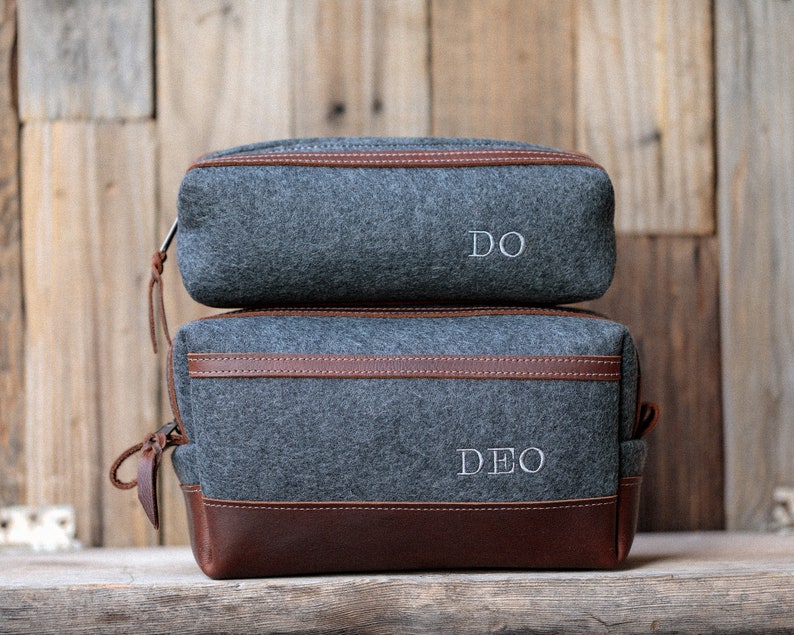 Felt & Leather Dopp Kit Bag, Personalized Leather Toiletry Bag, Groomsmen Gift, Gift for Him, Mens Toiletry Bag Monogram, Fathers Day Gift image 5