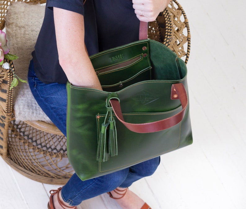 Monogrammed Leather Tote Bag for Women Valentine Gift Large Monogram Tote Personalized Tote Leather Bag Personalized Bag Lifetime Leather Emerald Green