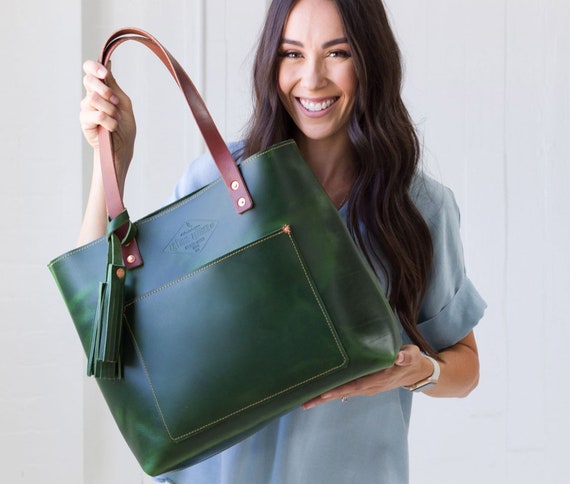 Green Leather Tote Bag for Women Leather Bag Leather Purse 