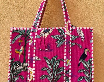 Personlig tygväska med djungelmönster och quiltad bomull: Boho strandväska