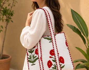 Quiltad bomullstygväska | Blocktryckt blommig shoppingväska, miljövänlig vardagsväska