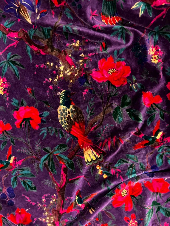 Hand Block Printed Velvet Fabric, Bird Print, Purple Upholstery Fabric