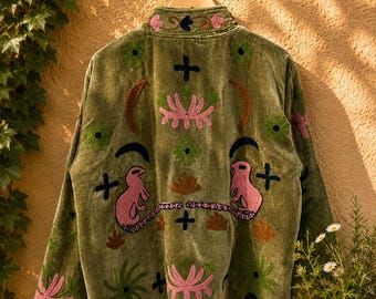 Handgjord tigerblommig sammets Suzani-jacka indisk Kantha-sammetsdjursbroderad traditionell jacka för kvinnor