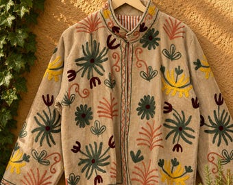 Broderad Suzani-jacka i sammet, hantverksmässig bohemisk blommig kort kappa Handgjord jacka