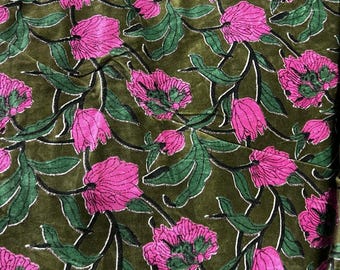 Tela de terciopelo estampada a mano con bloques, estampado floral rosa, tela de tapicería rosa.