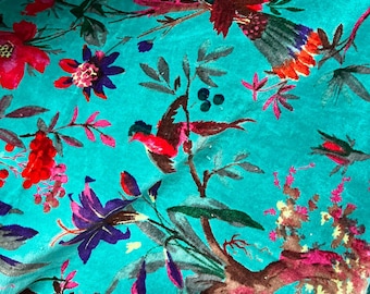 Tela de terciopelo estampada a mano con bloques, estampado de pájaros, tela de tapicería azul.