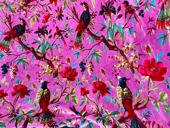 Hand Block Printed Velvet Fabric, Bird Print, Magenta Pink Upholstery Fabric