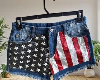 Women's Distressed American Flag Shorts with Fringe