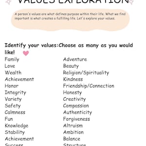 May include: A white worksheet titled VALUES EXPLORATION with a string of lights at the top. It includes a descriptive paragraph and a list of values such as Family, Love, Wealth, Achievement, Honor, Integrity, Variety, Safety, and others to choose from.